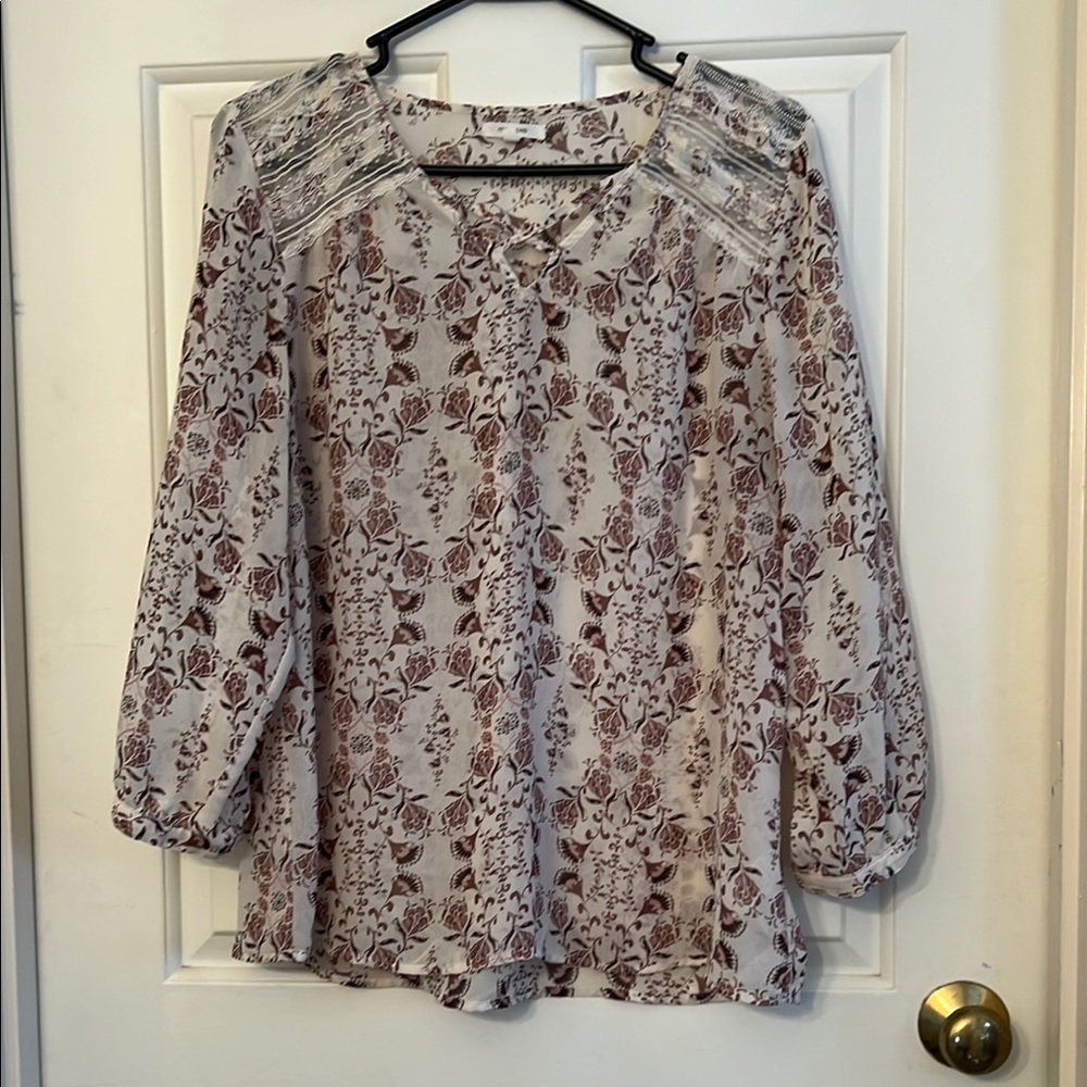 Maurices Brown and Cream Relaxed Blouse with Ruffled Sleeves